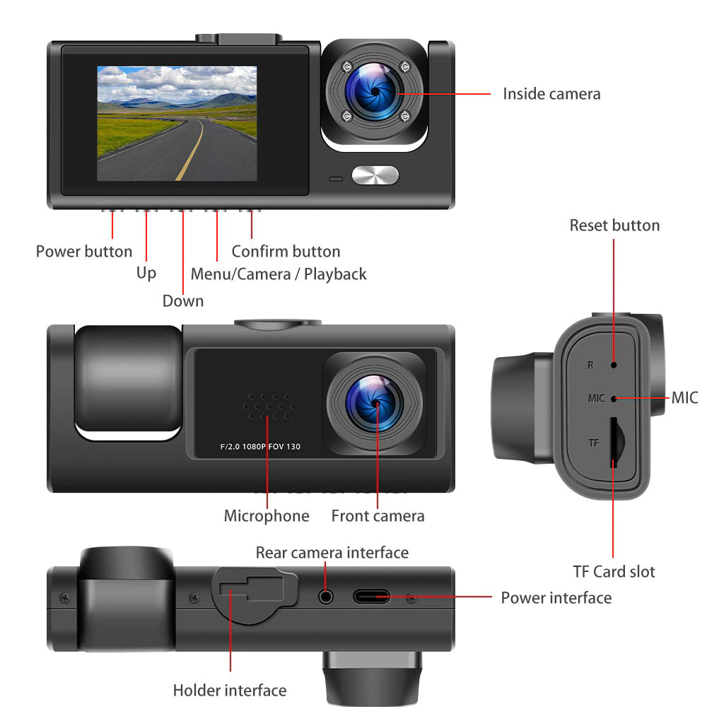 Fahrzeug-Doppelobjektiv-Dashcam HD 1080P Vorder-/Rück-/Innensicht Videoaufzeichner